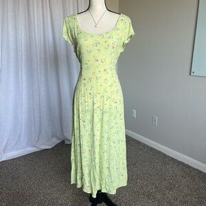 Green Floral Midi Dress Cottagecore A-Line Tie Back Short Sleeve Size M